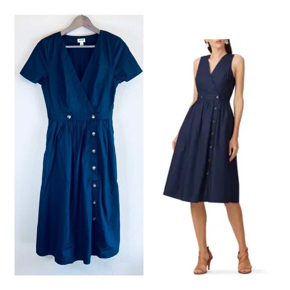 J. Crew Navy V-Neck Popin Buttons Midi Dress Size 2 NEW